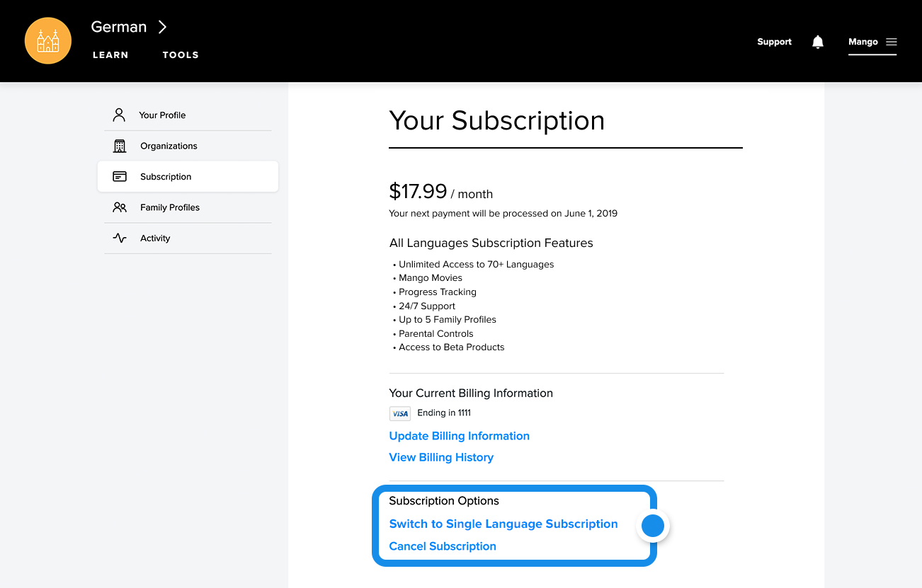 Downgrade Subscription by clicking on Switch to Single Language Subscription