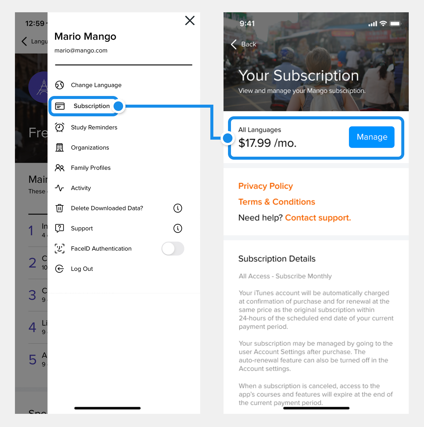 Two screenshots indicating that the user tap on subscription and then the manage button