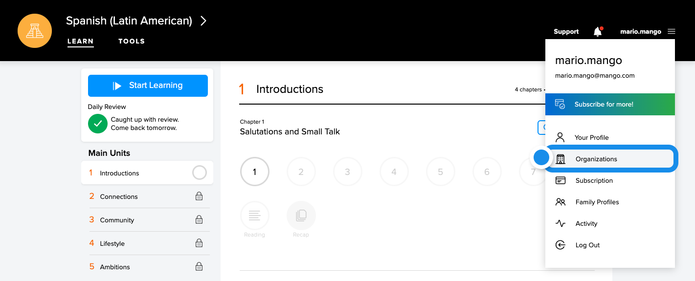 Organizations tab highlighted in the upper right hand corner of the screen.