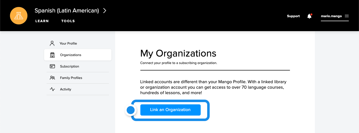 Link An Organization button highlighted near the center of the screen.