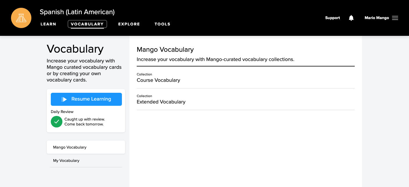 Overview of Mango Vocabulary feature on desktop