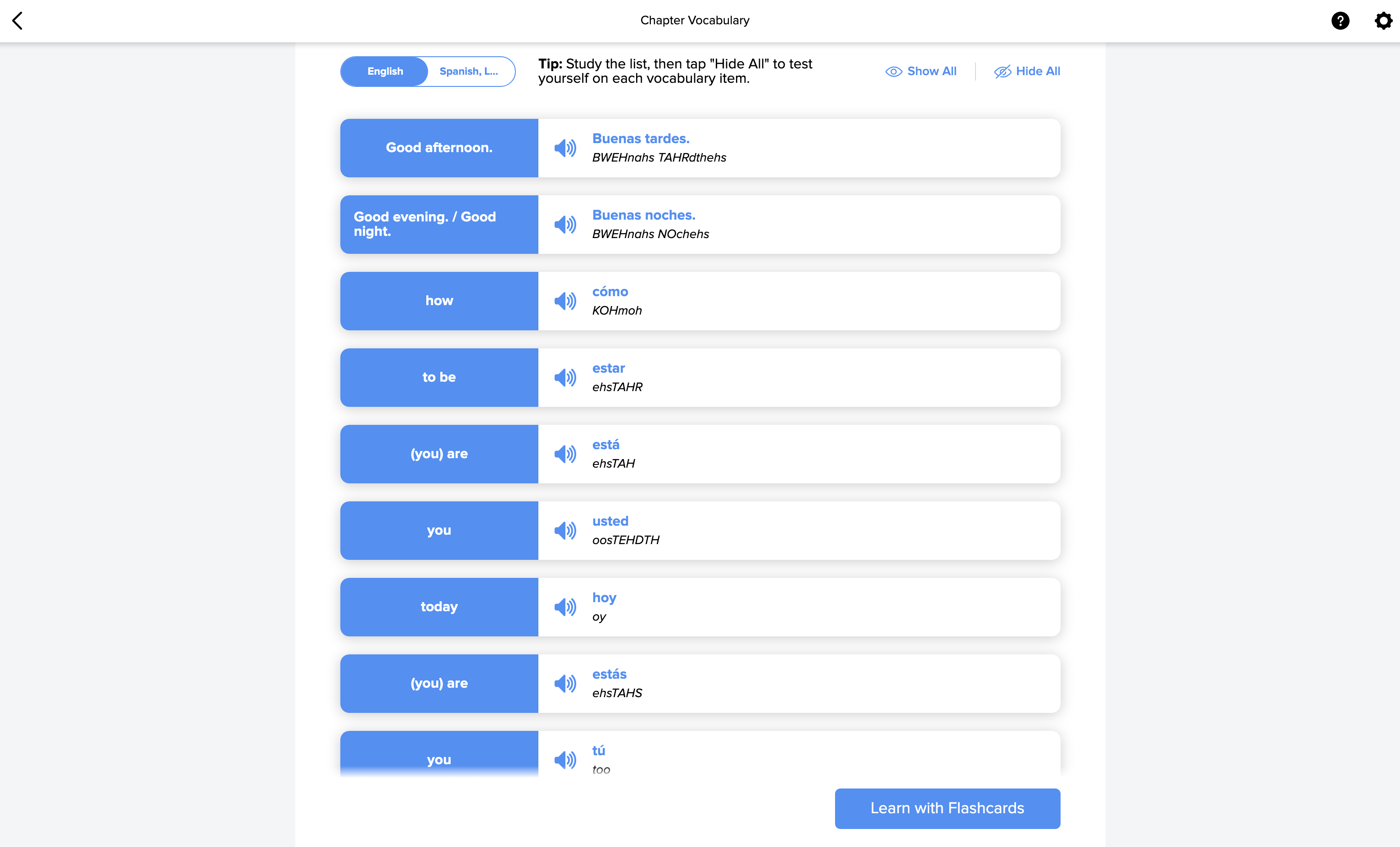 A list of vocabulary in the Course Vocabulary section