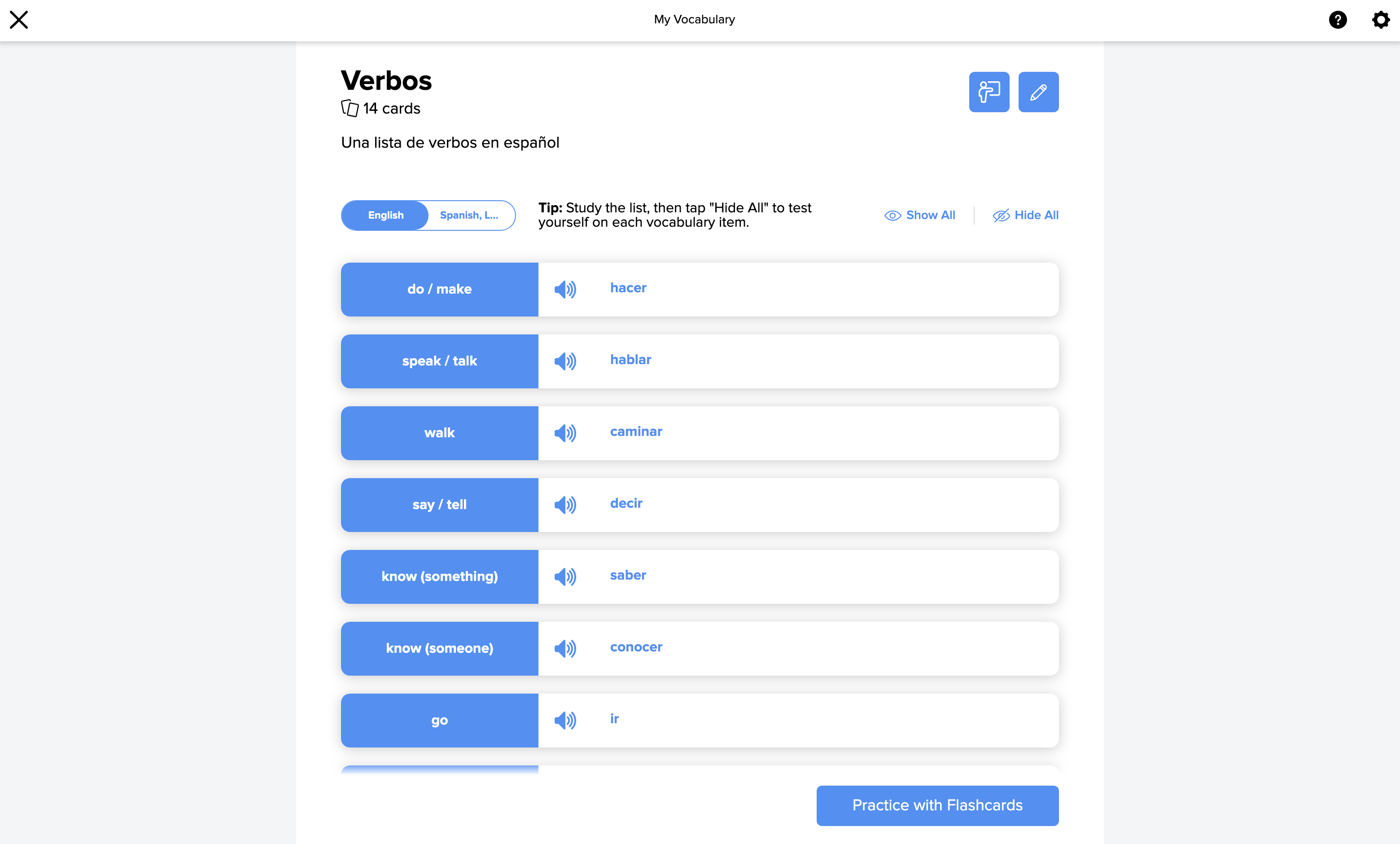 A teacher generated list of verbs in the My Vocabulary section
