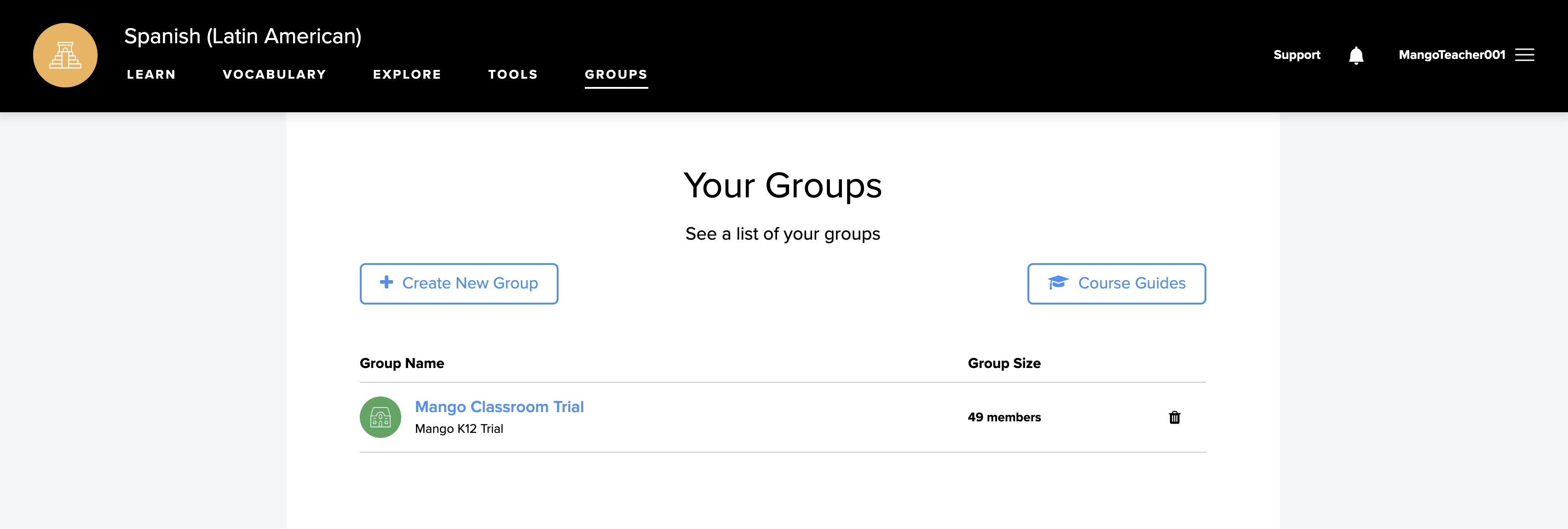 Groups tab selected with one group being displayed