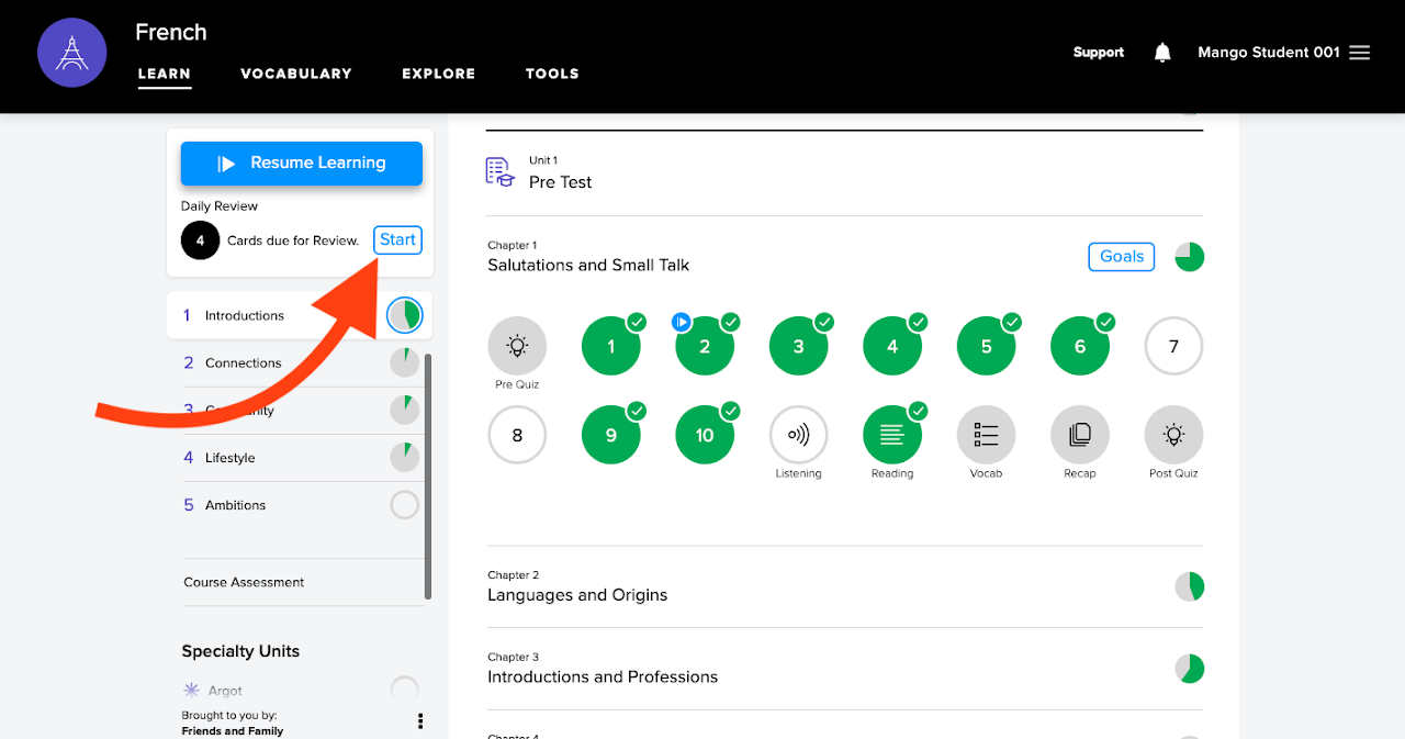 An arrow points to where Review can be found in the dashboard