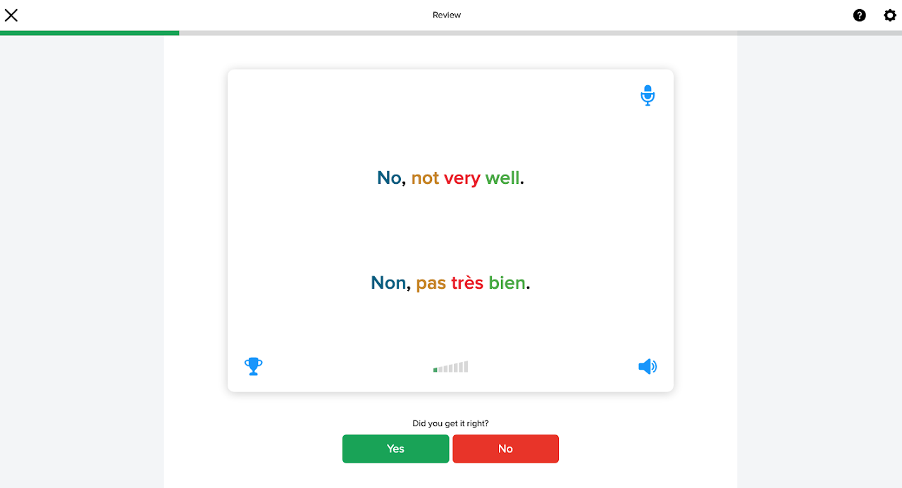 An example of a Review card in the French course