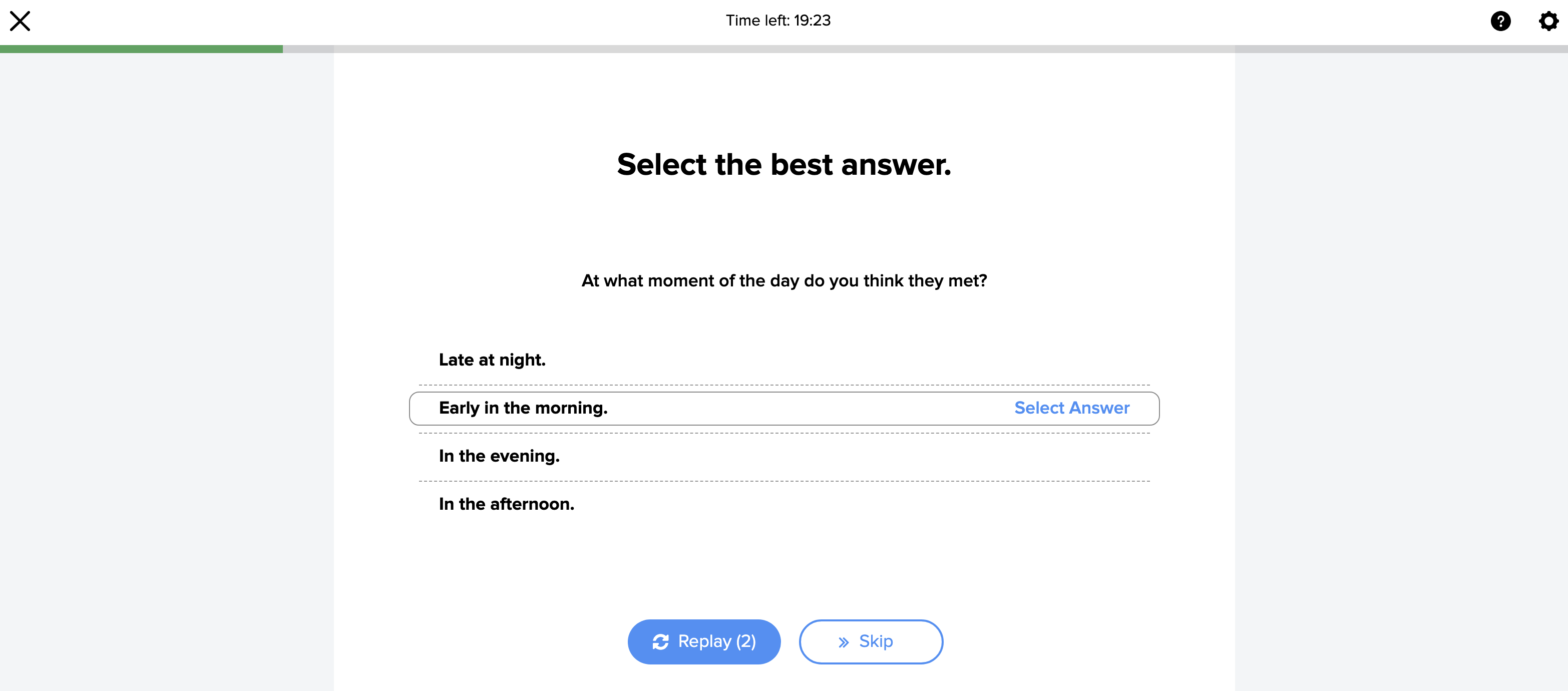 An example of a multiple choice question about a conversation heard by the student.