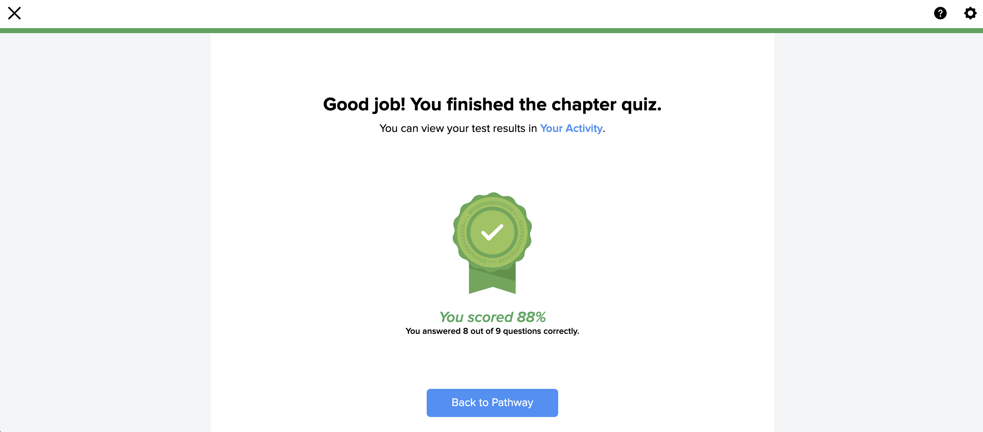 The final page of a quiz in which the student sees their result.
