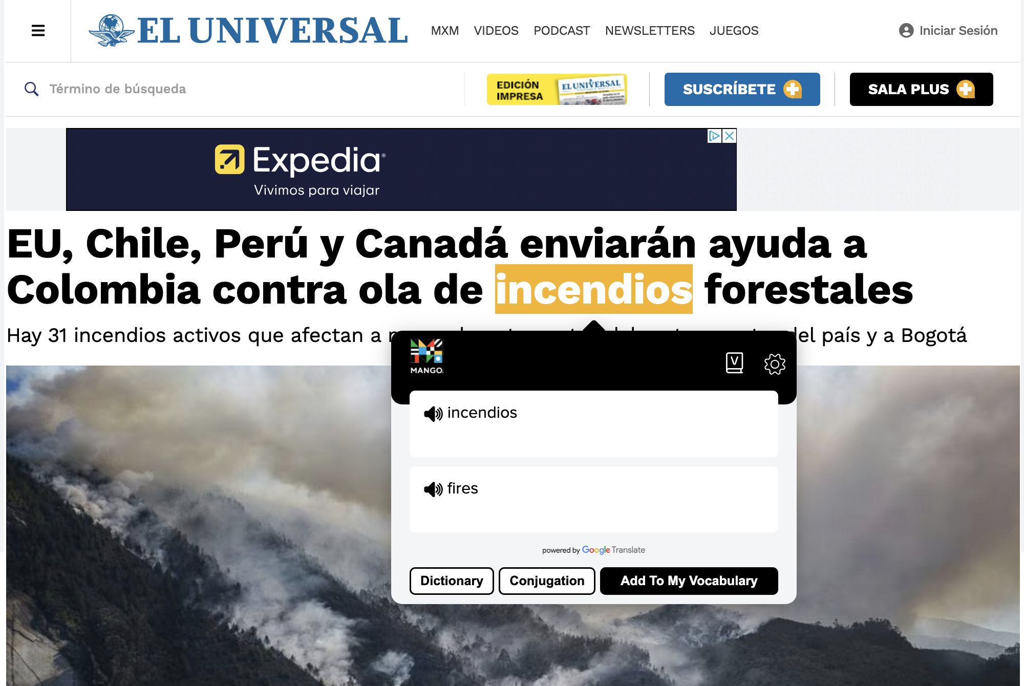 An example of using the Mango Reader browser extension on the Spanish language news website El Universal