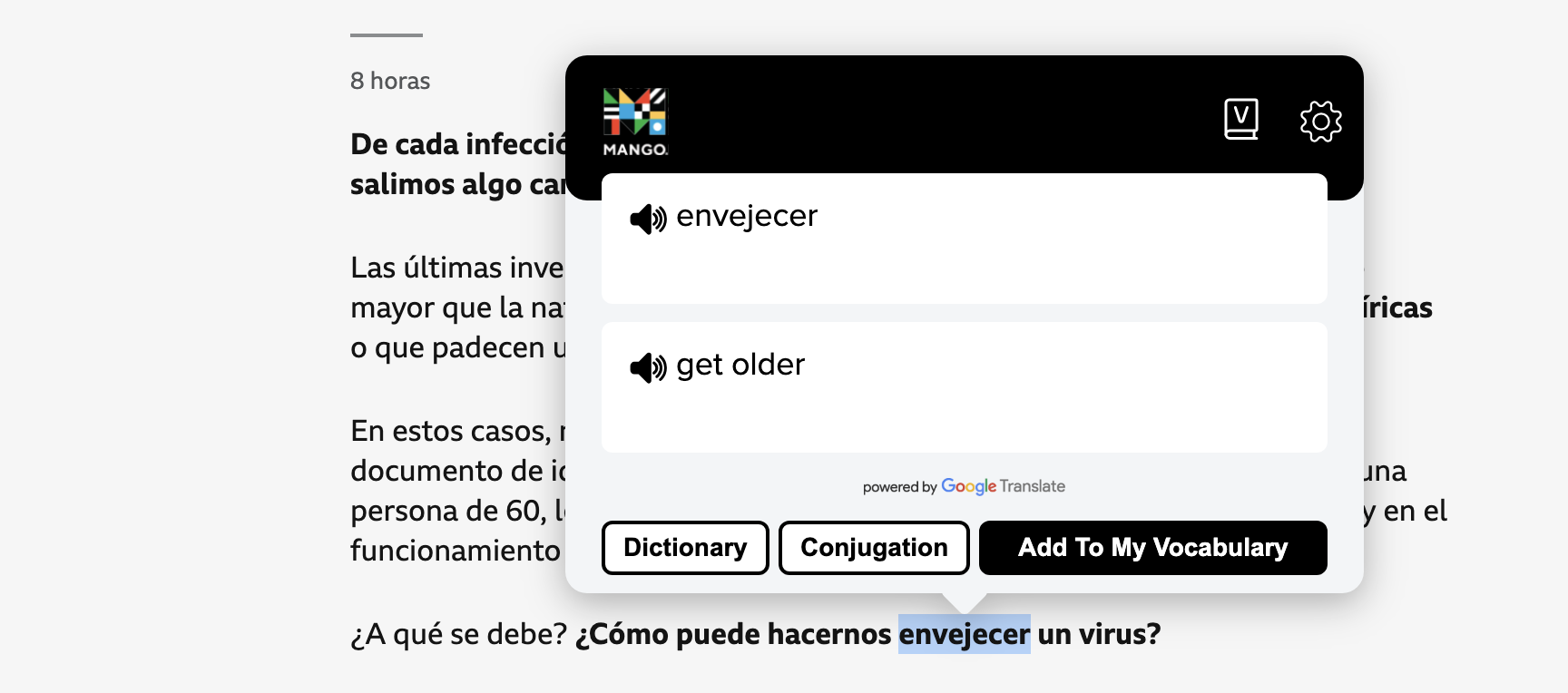 An example of using the Mango Reader browser extension on the Spanish language version of the BBC website.