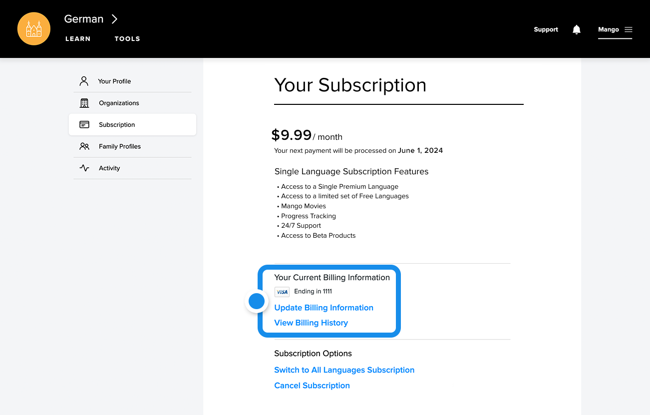Subscription management information highlighted near the bottom of the page