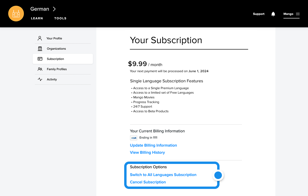 Upgrade Subscription by clicking on Switch to All Languages Subscription