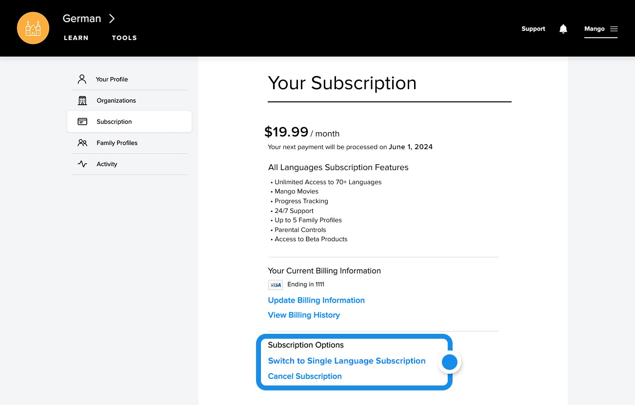 Downgrade Subscription by clicking on Switch to Single Language Subscription