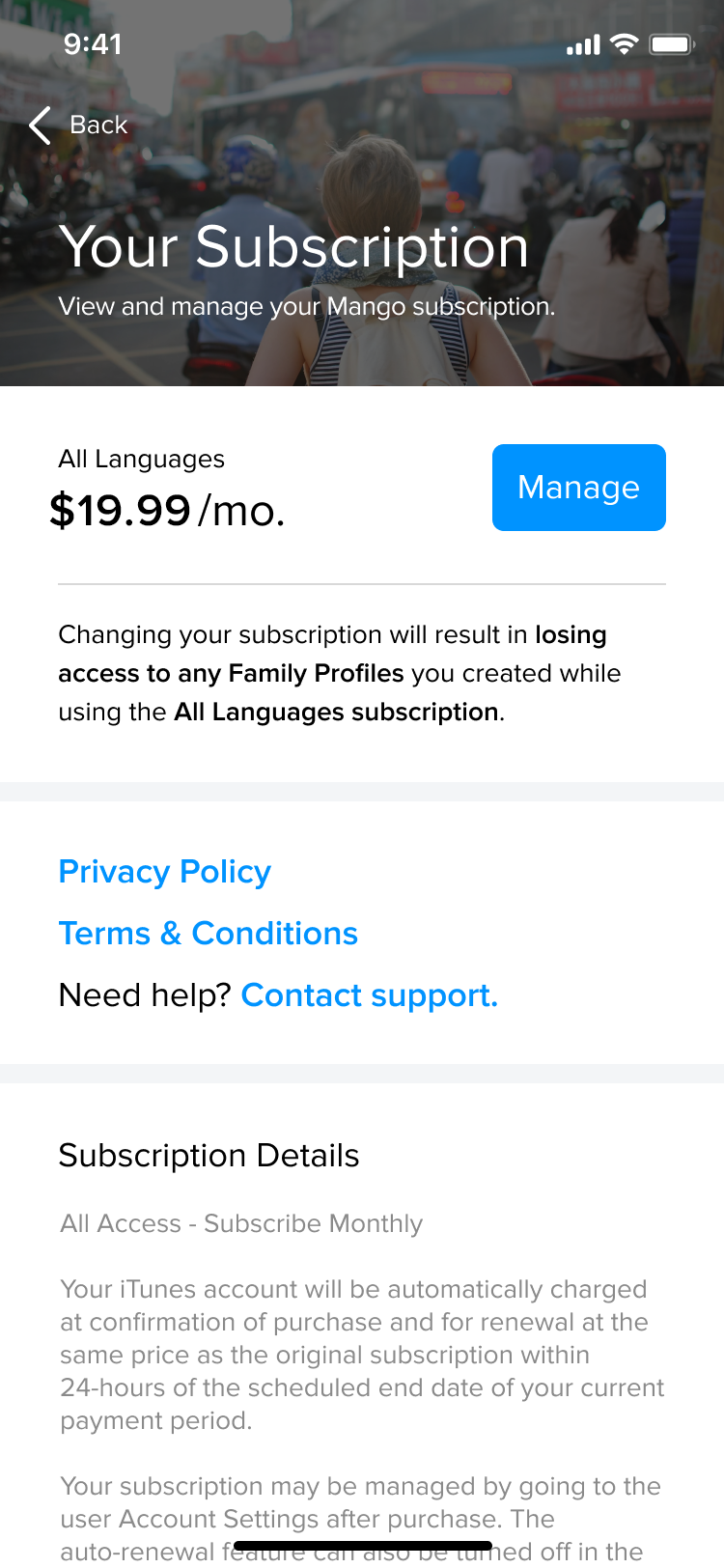A screenshot of the subscriptijon management page on iPhone with the Manage button prominently displayed