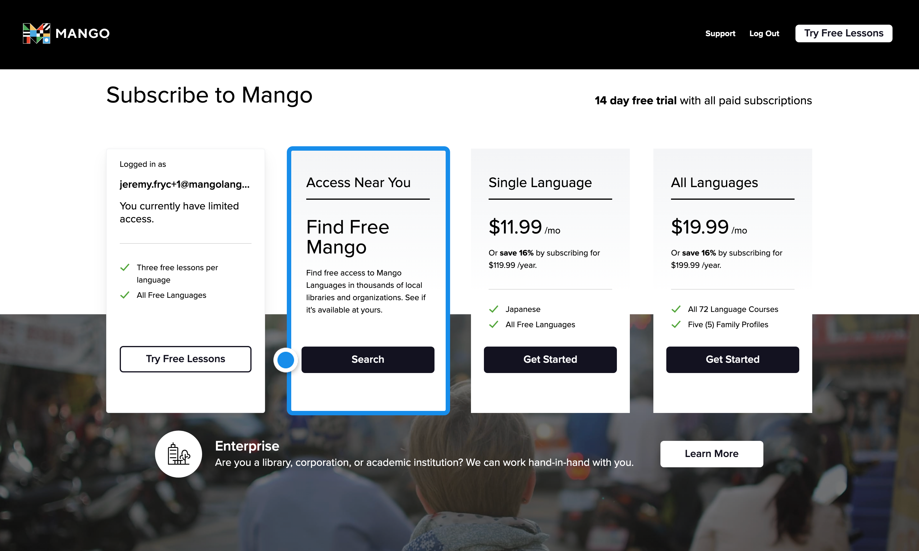 On the Subscribe to Mango page, the second box from the left is highlighted