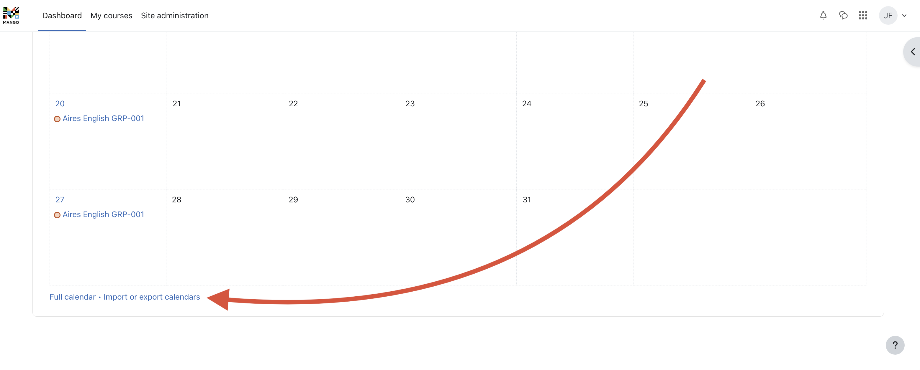 An arrow pointing to the bottom left of the screen where you can export your Moodle calendar