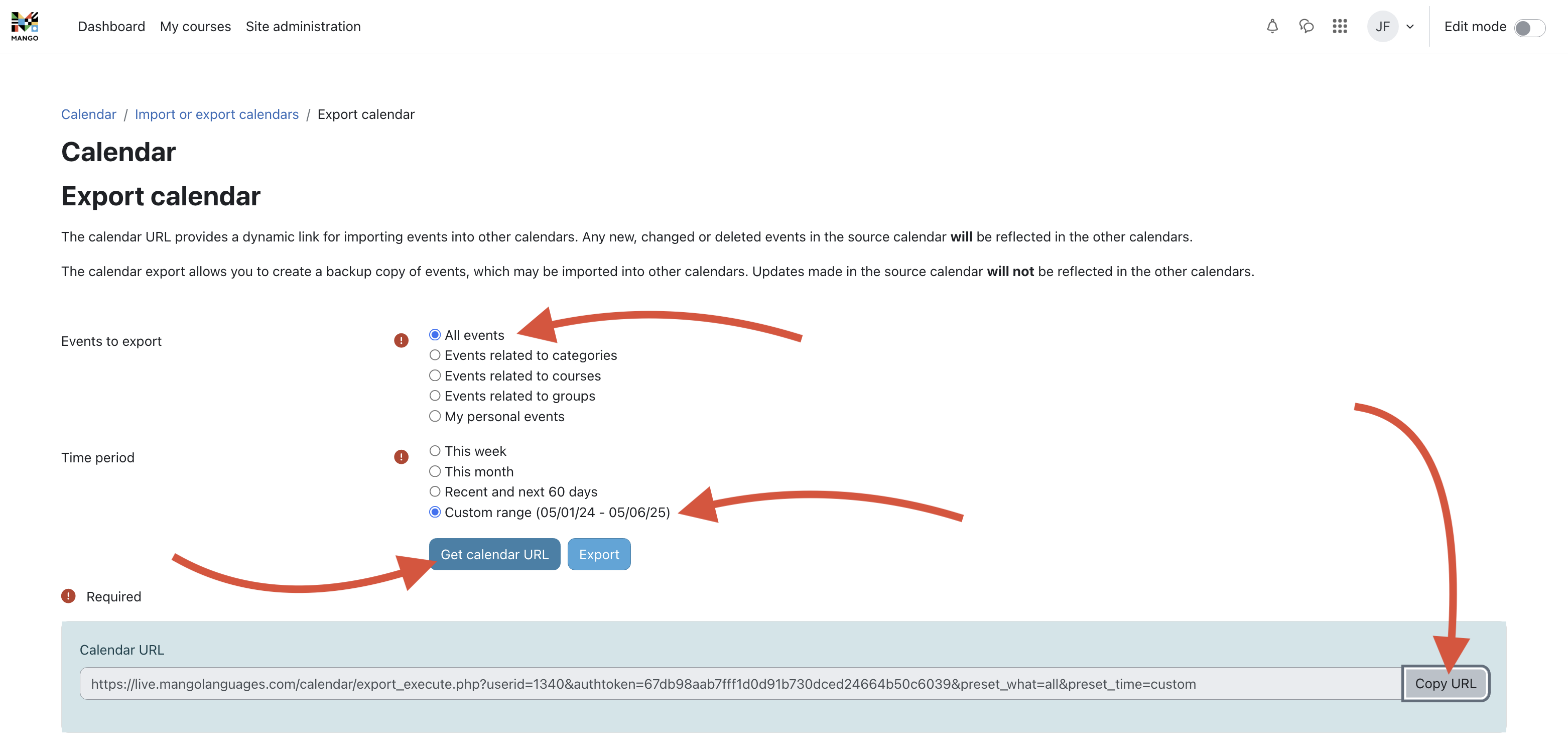 Several arrows pointing to where you should click in order to finish the export process
