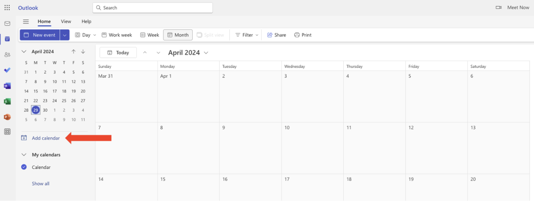 An arrow pointing to where you should click in the new version of Outlook to import a calendar