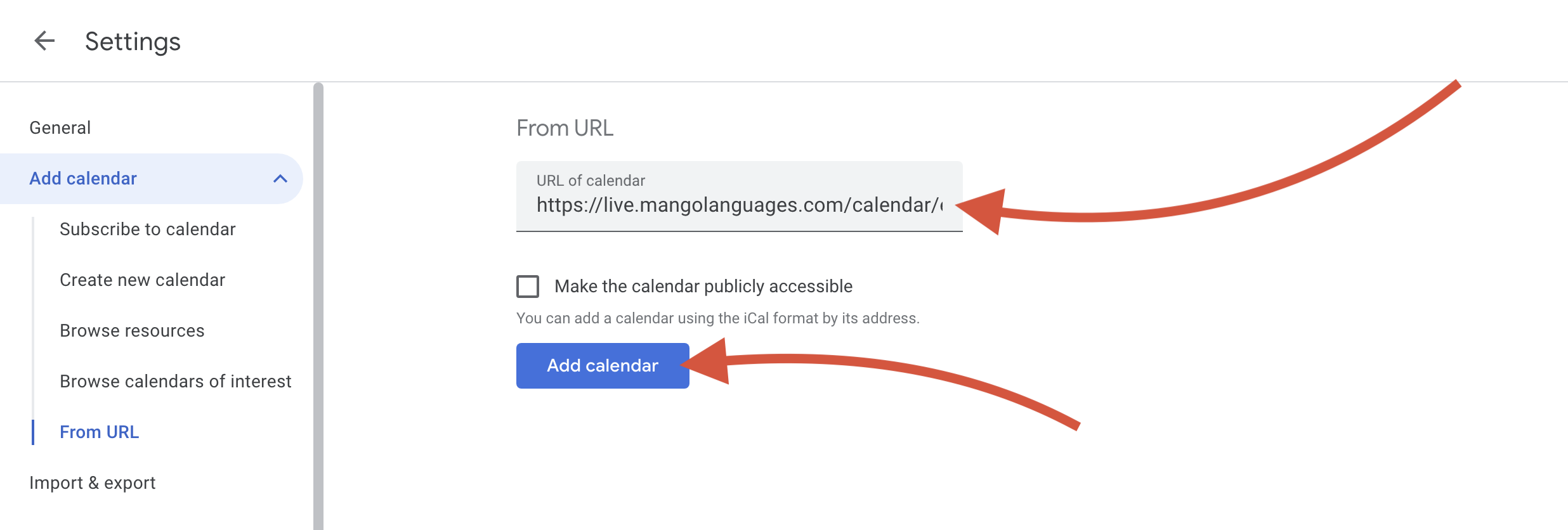 Arrows pointing to where you can paste the Moodle calendar URL and a button you can press to finish the process