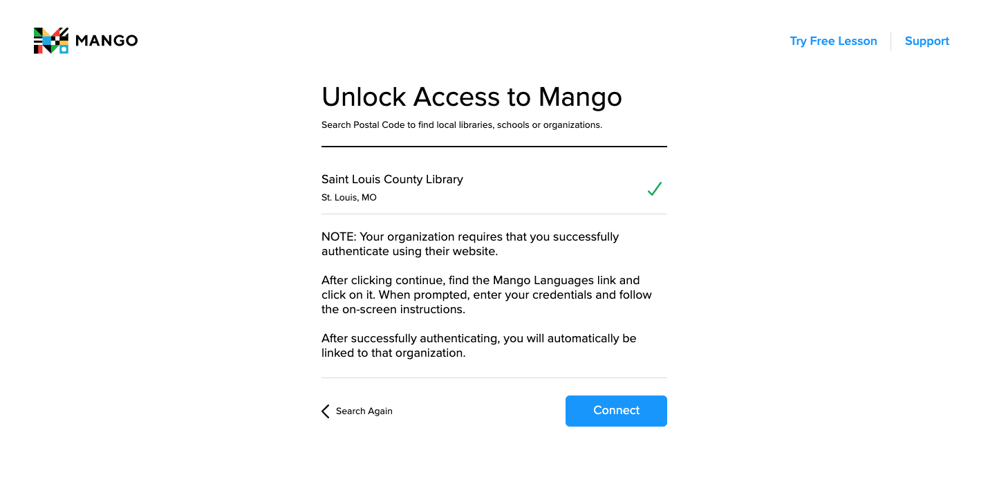 A message that appears with a blue button that says connect
