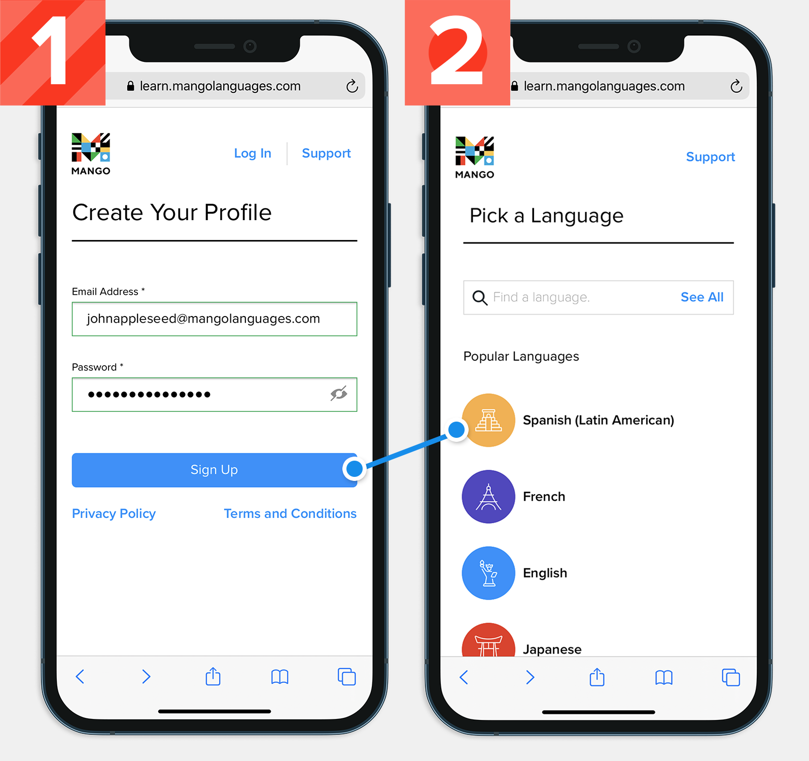 Two screenshots. On the left, the signup page, on the right, the select-a-language page.