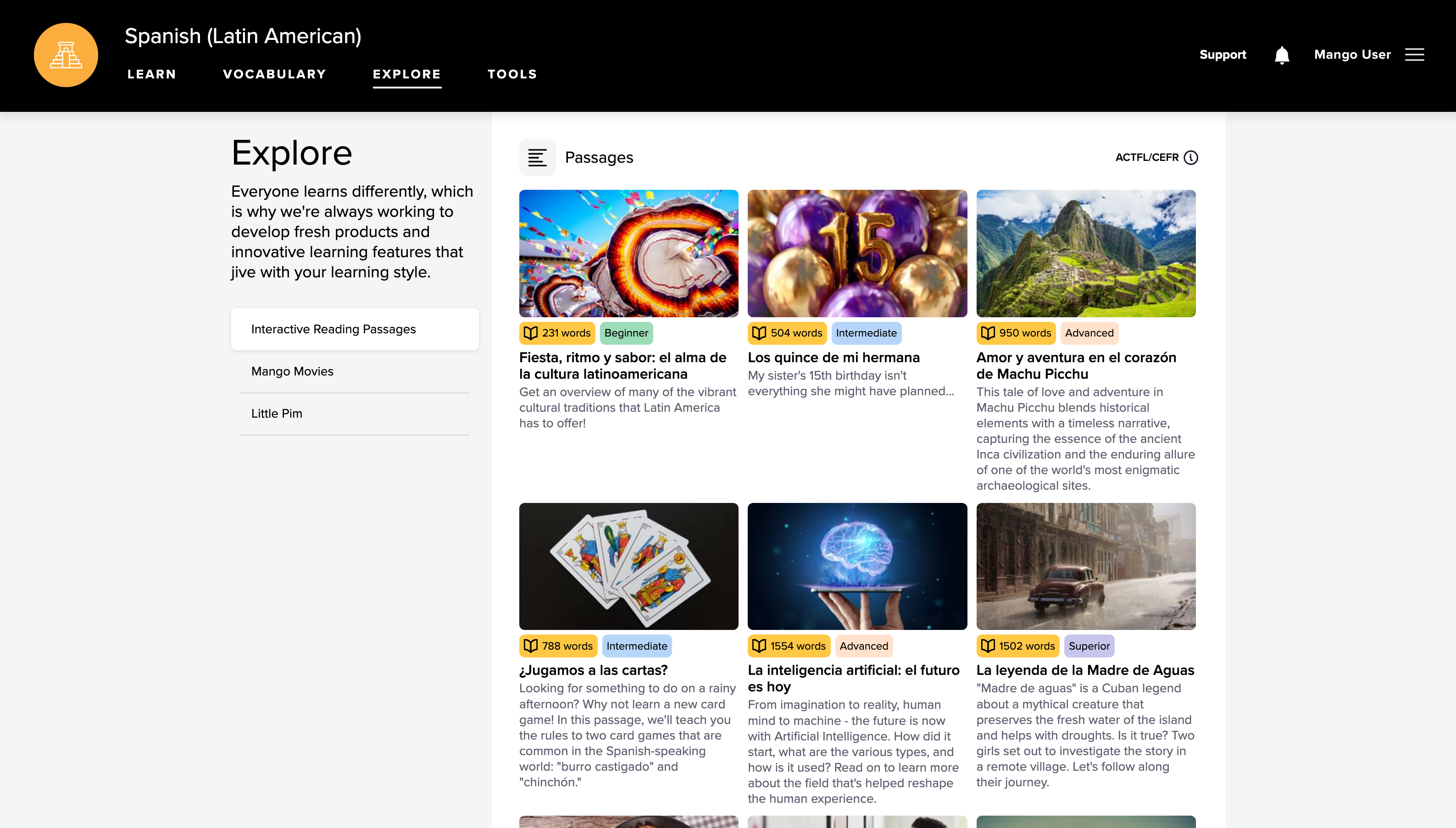 The Interactive Reading Passages dashboard