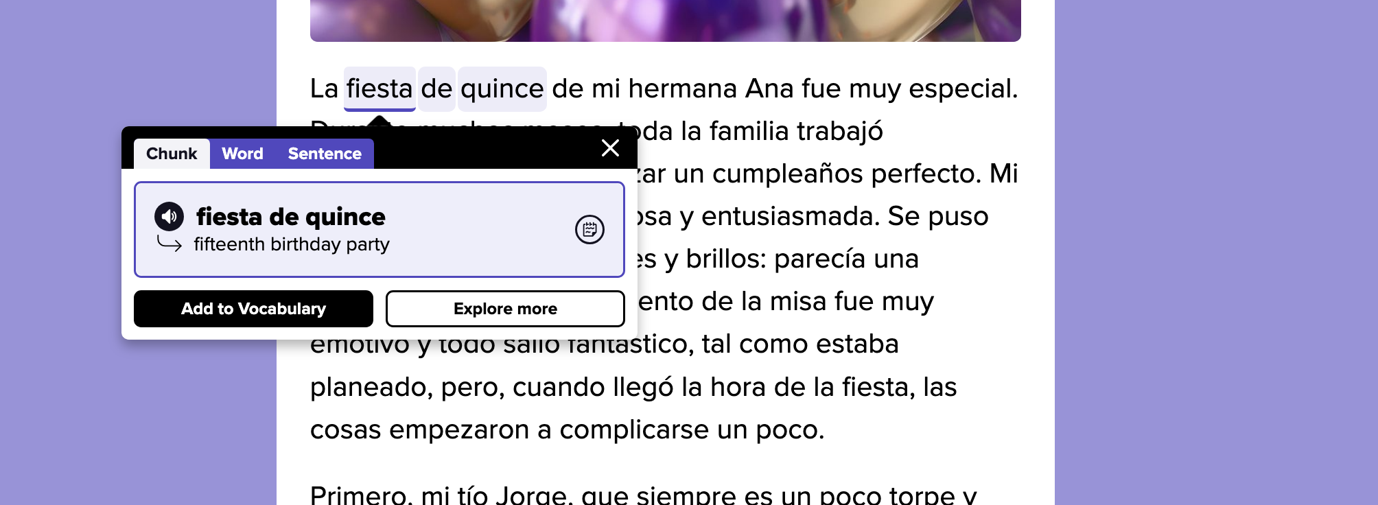 An example of a word chunk in the interactive reading passages