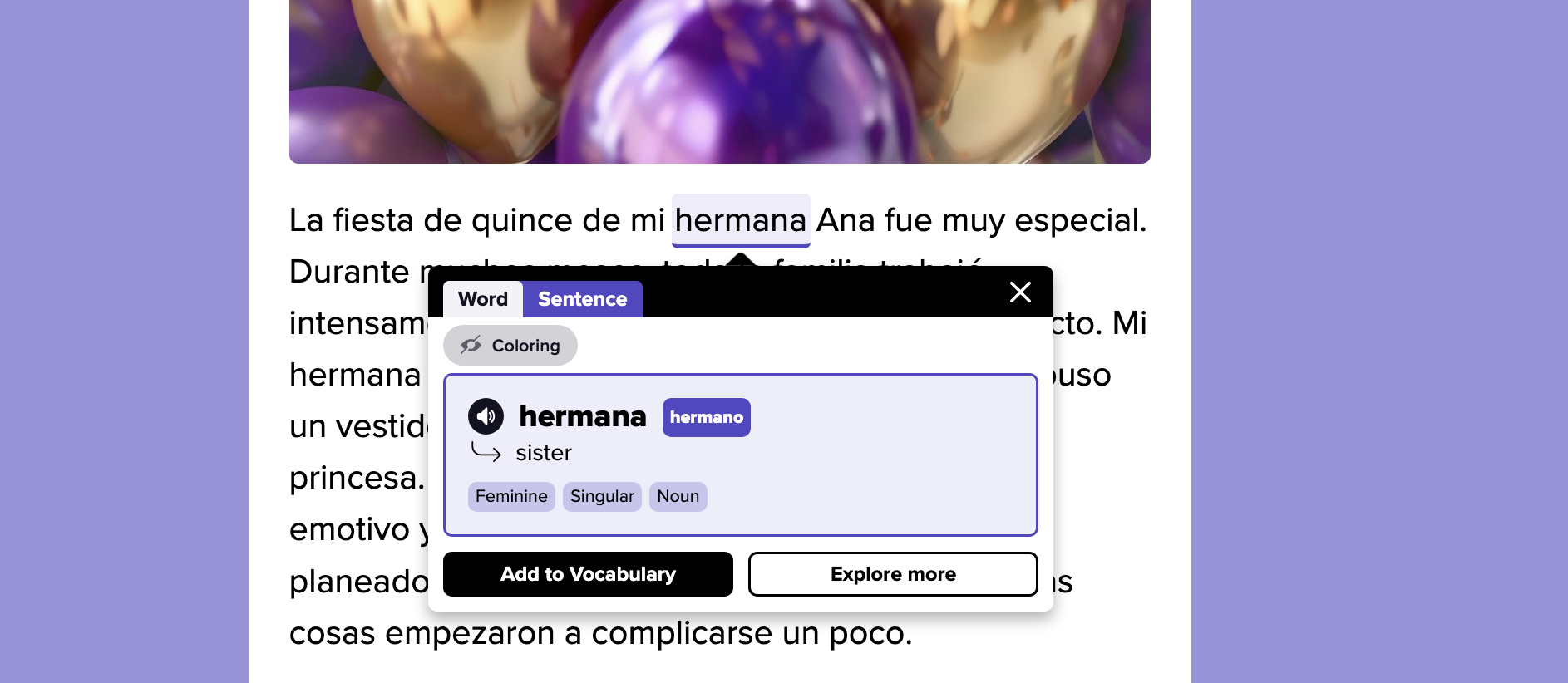 An example of a singular word in the interactive reading passages