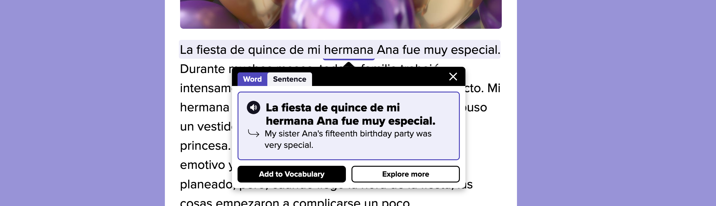 An example of a sentence in the interactive reading passages