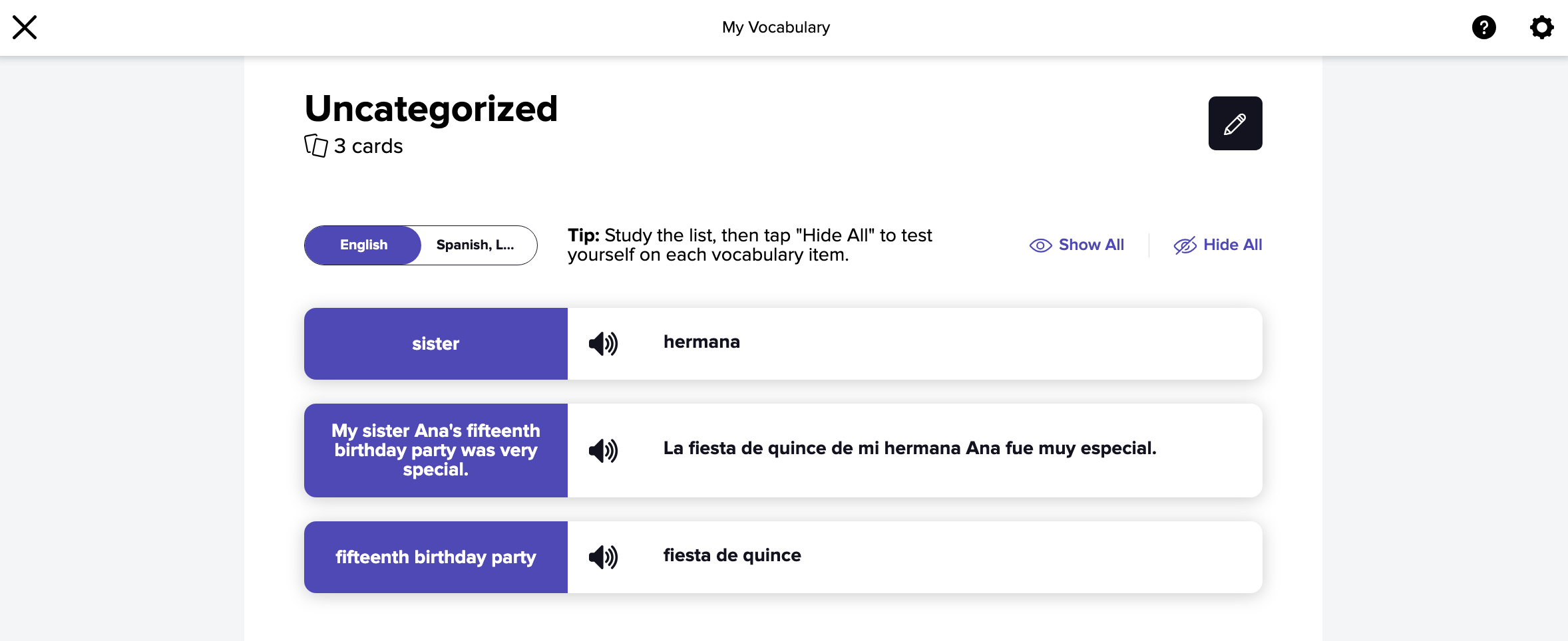 The three elements from the interactive reading passages assigned to a uncategorized list in My Vocabulary