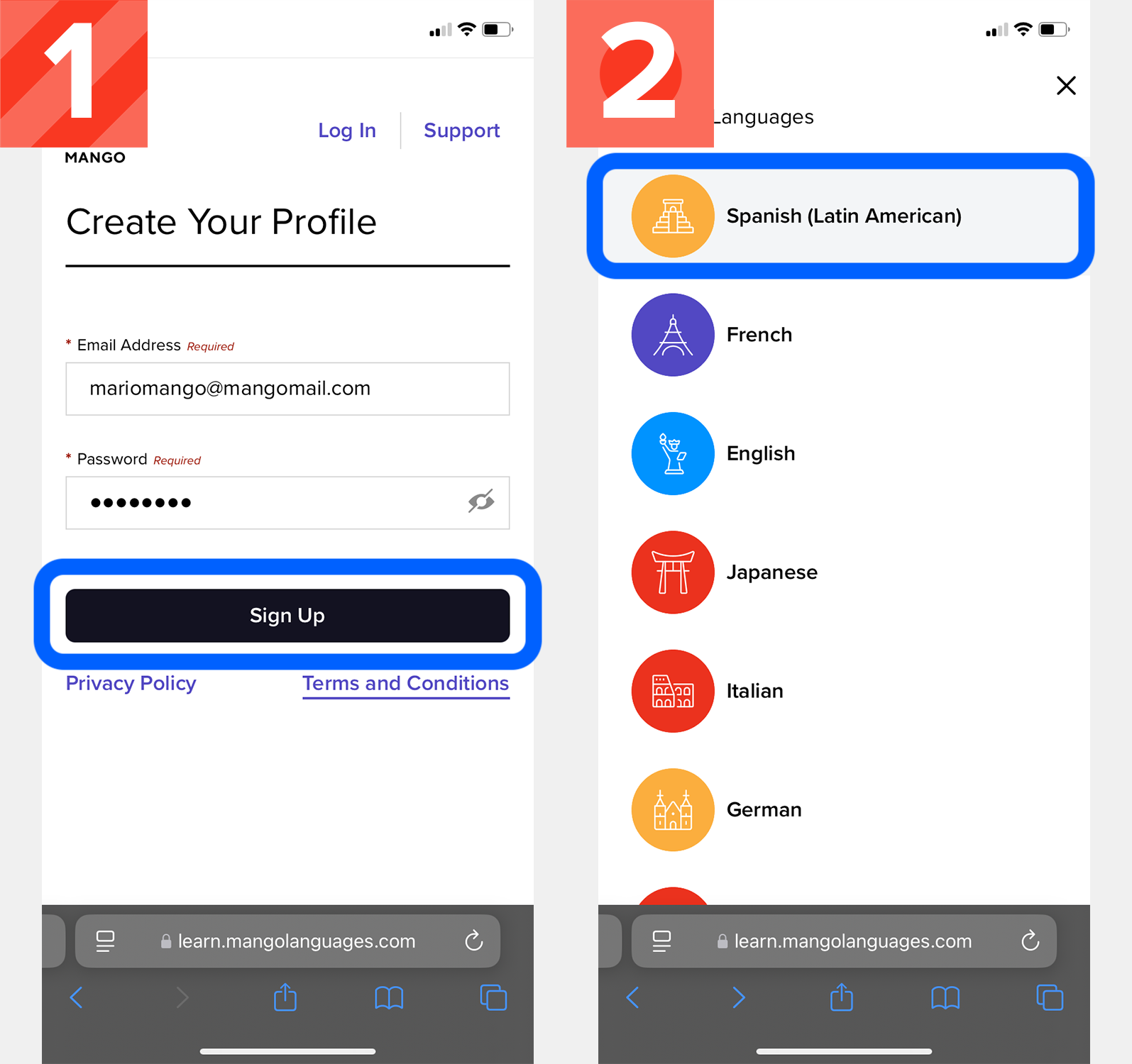 Two screenshots. On the left, the signup page, on the right, the select-a-language page.