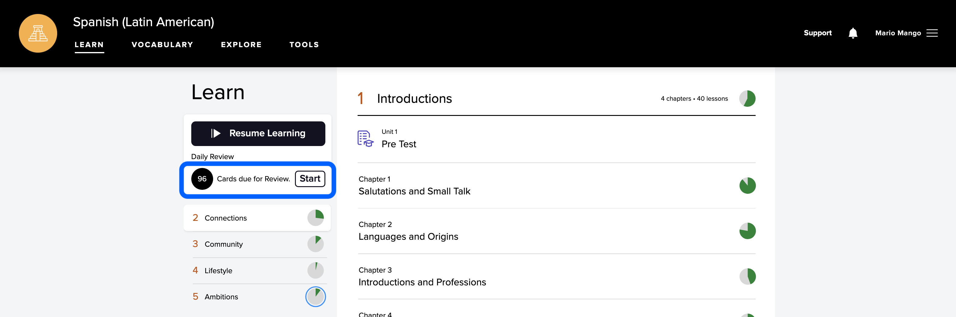 On the Learn tab, the Start Review button is highlighted