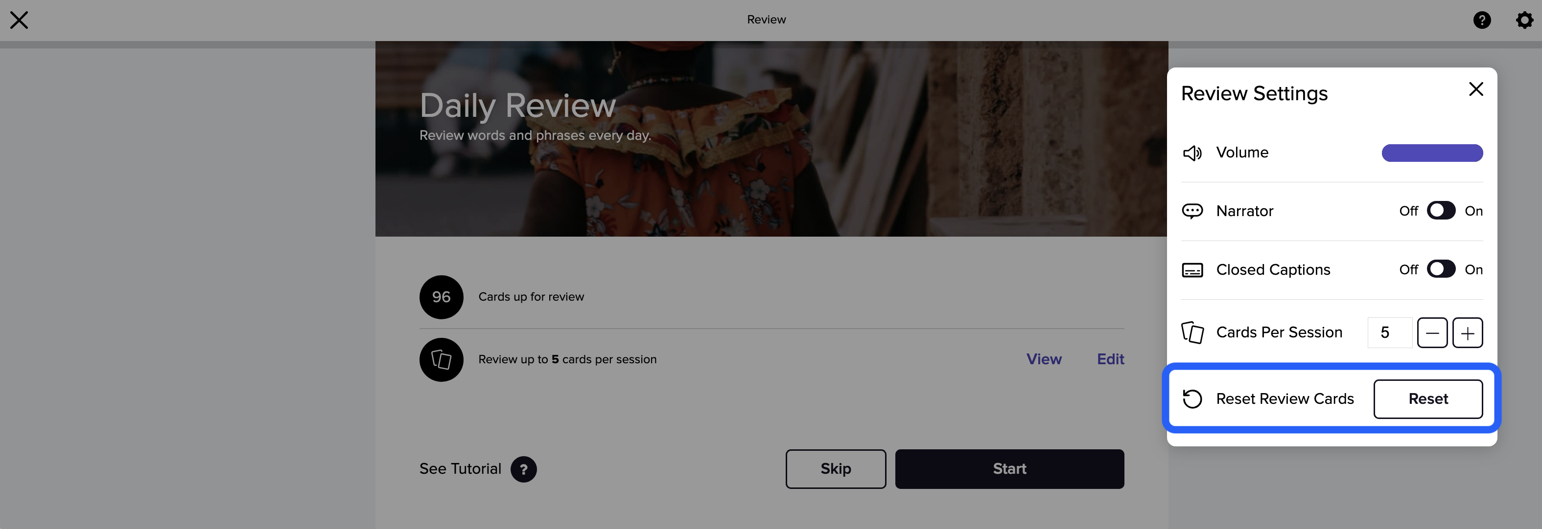 In the Edit Review menu, the Reset button is highlighted 