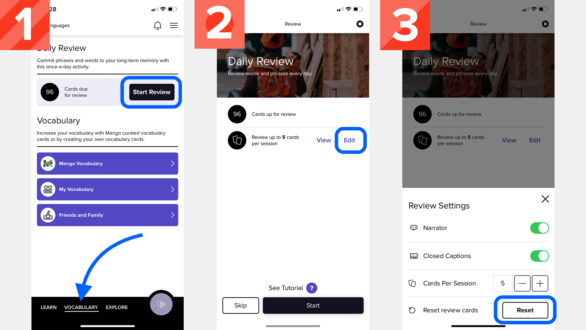 Three screenshots, each highlighting where to tap in the mobile app according to the instructions