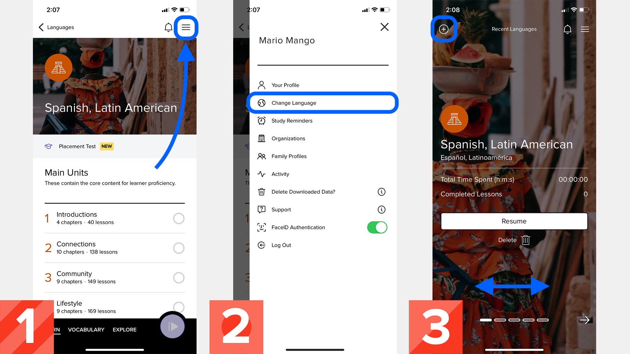 Three screenshots highlighting where to tap in the mobile app in order to change the language