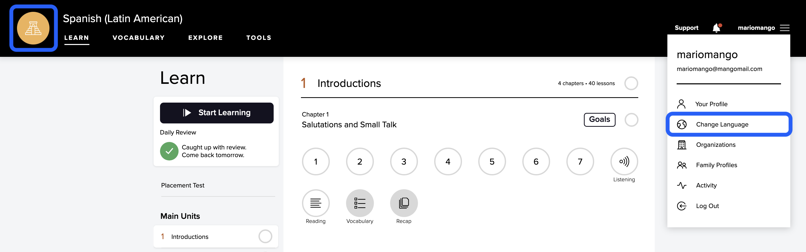 The Mango Dashboard and the icons in the upper right and left are highlighted