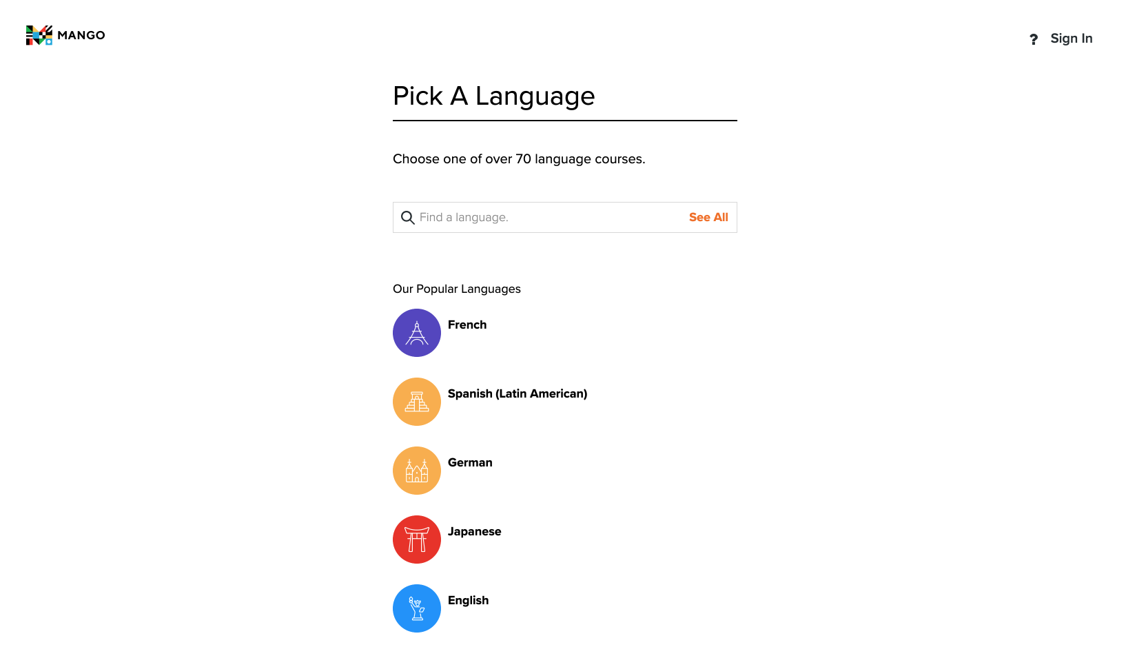 Several icons reveal the different language courses available for selection