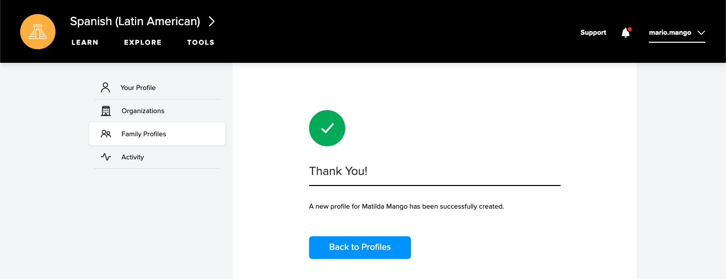 A large green checkmark indicates the user profle has been created. The Back to Profiles button is highlighted.