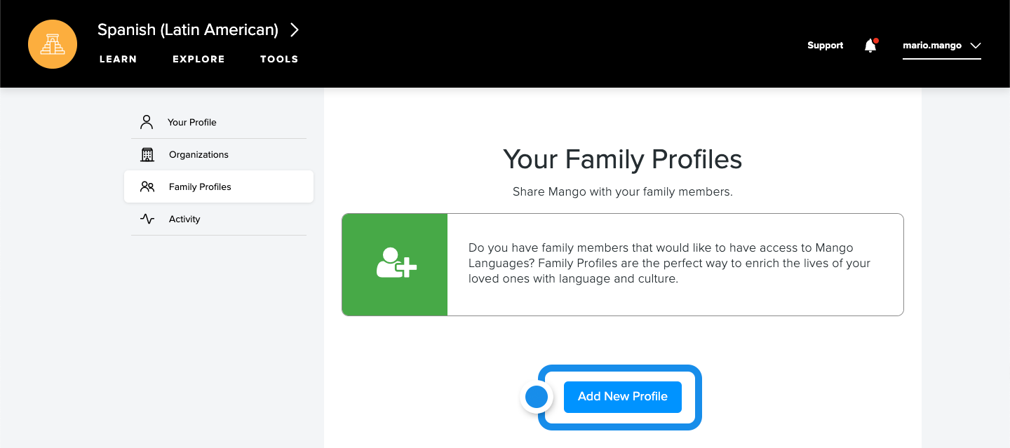 Add New Profile button highlighted in the center of the screen