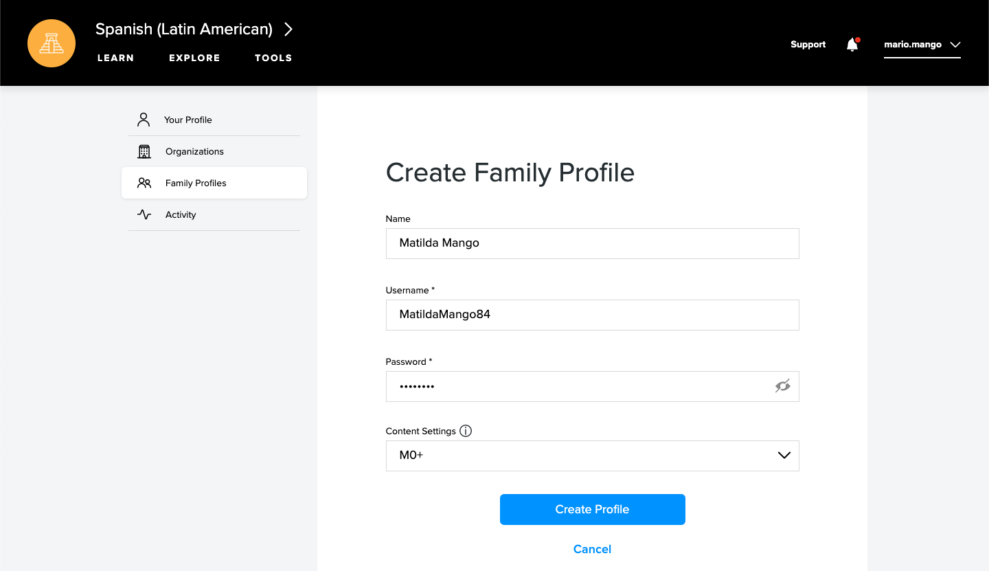 With all fields filled, the Create Profile button is highlighted near the center bottom of the screen.