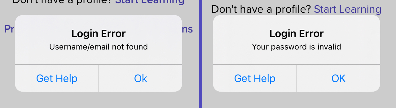 Dual mobile screenshots, on the left is the login error for the username, on the right is the login error for the password