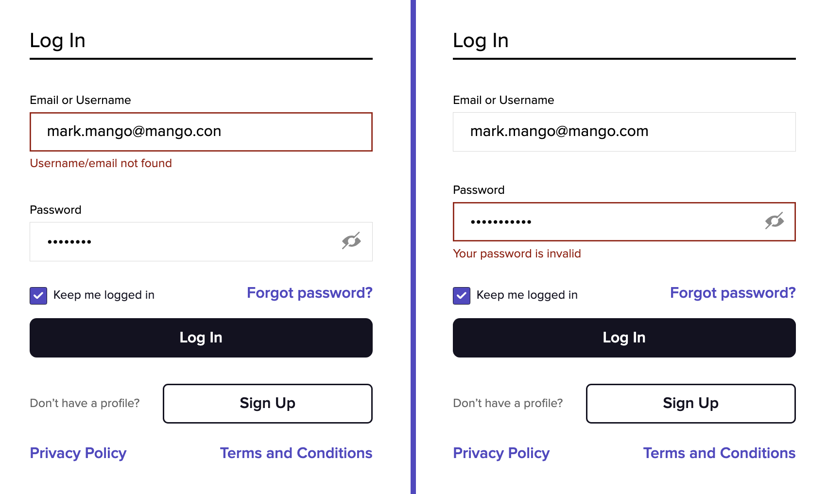 Dual browser screenshots, on the left is the login error for the username, on the right is the login error for the password