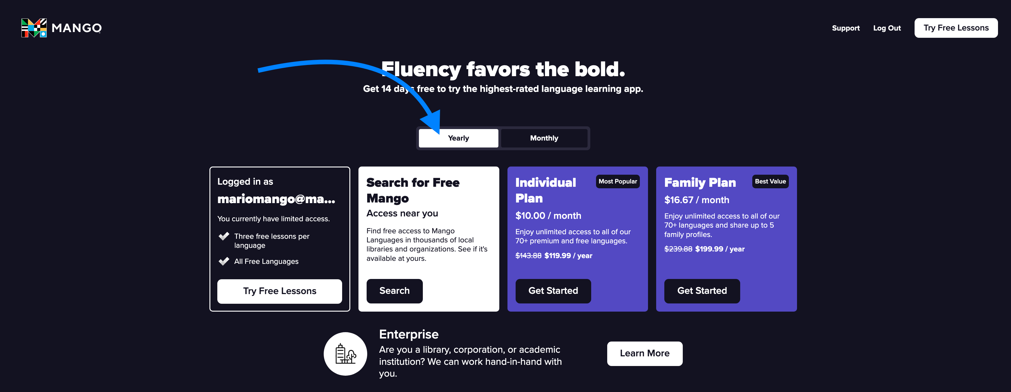 A screenshot looking at the yearly subscription types