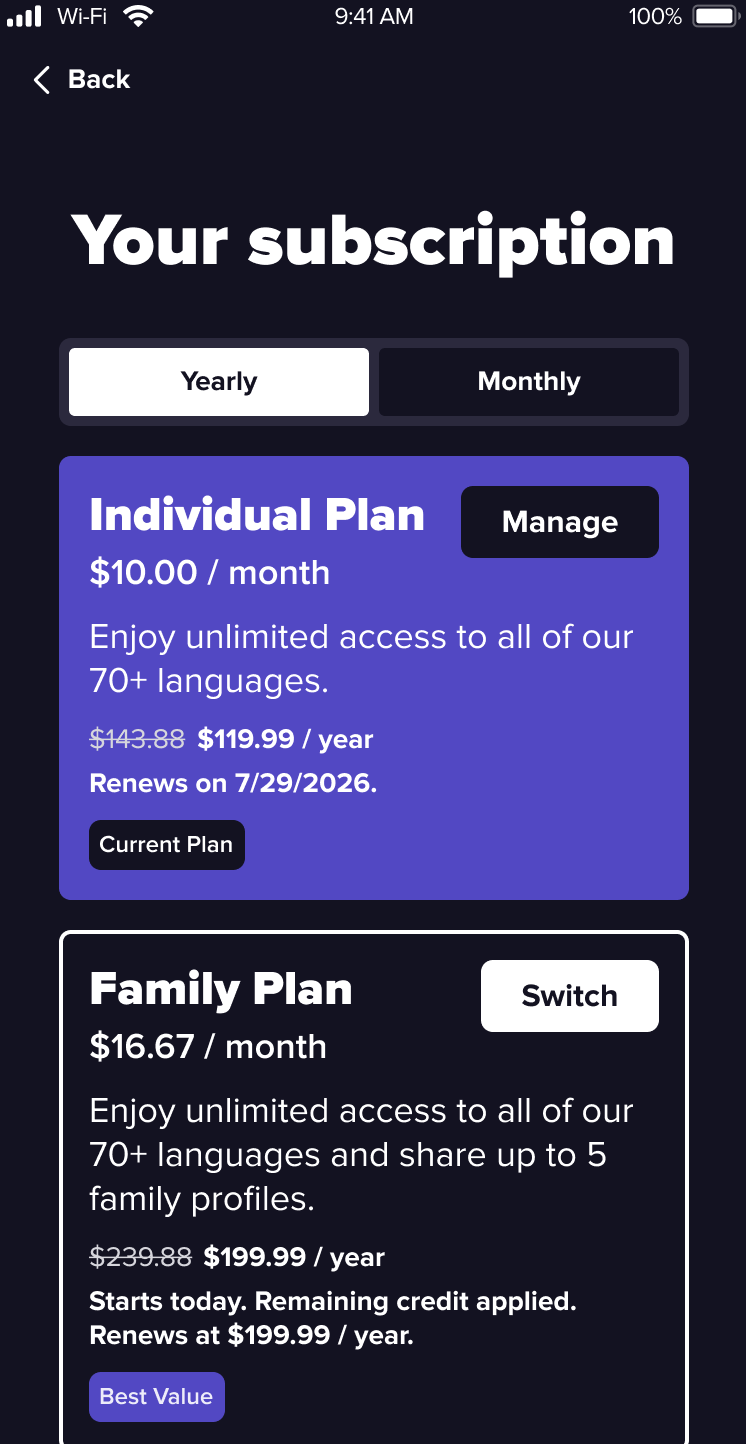 A screenshot showing the subscription management screen in the mobile app