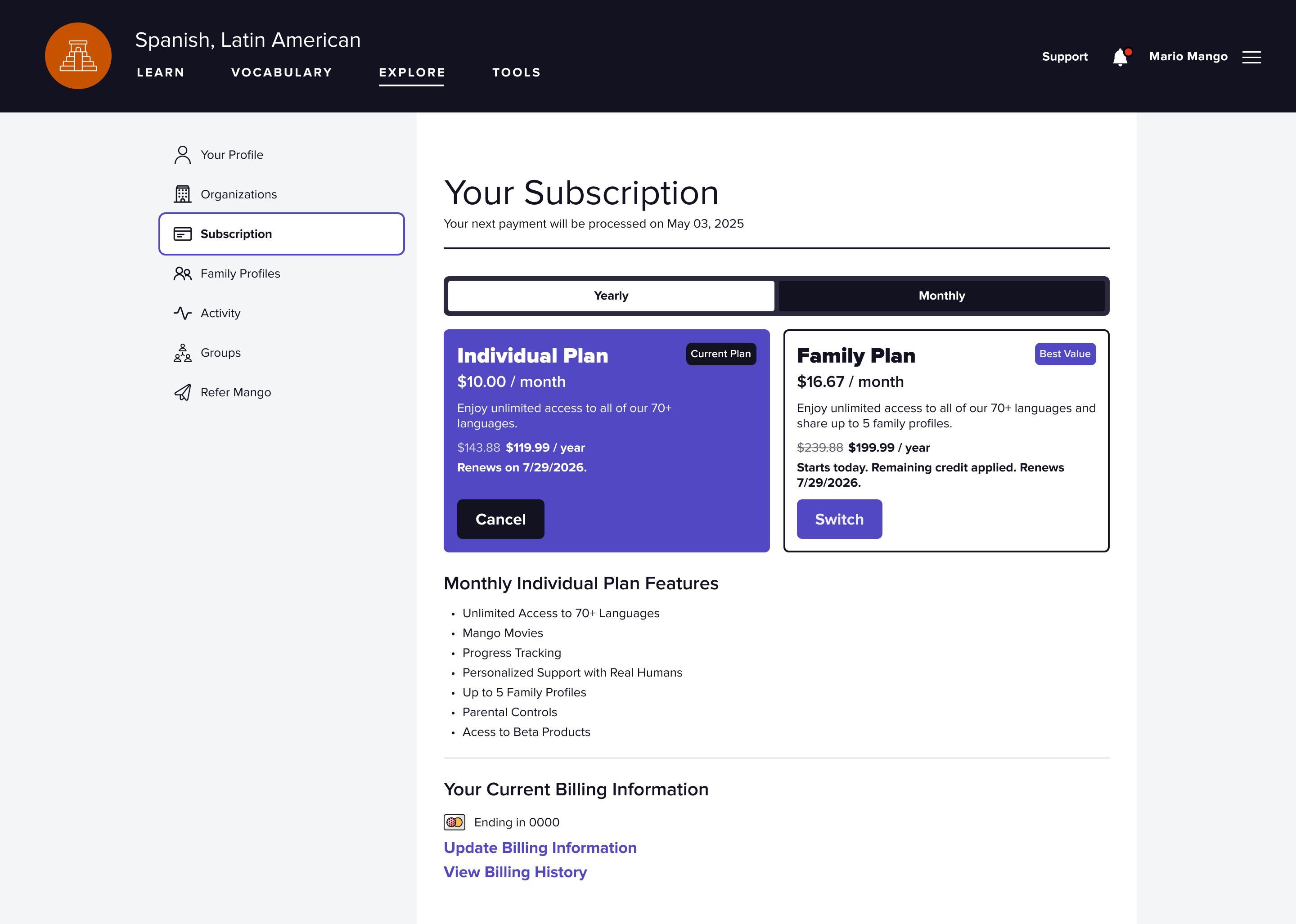 A screenshot showing the subscription management page in a desktop browser window