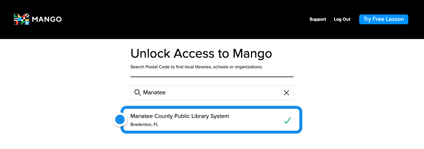 By entering Manatee into the empty search field, many libraries appear with Manatee County Public Library at the top next to a green check mark