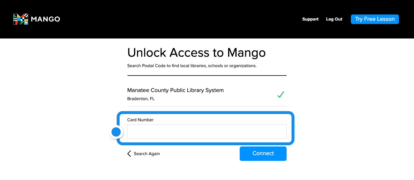 The empty library card entry field featured in the center of the screen and the Connect button underneath.