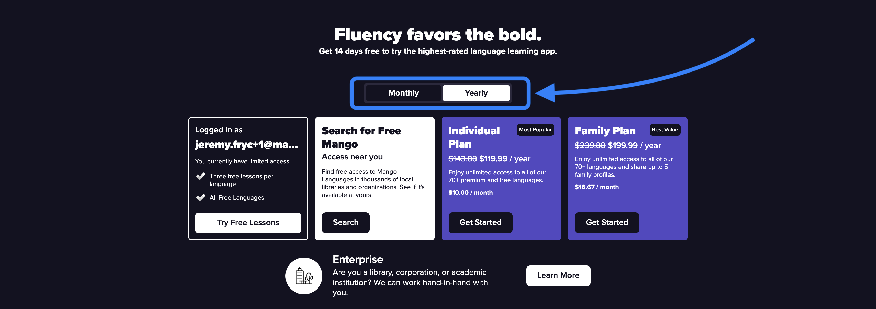The initial subscription page with Monthly and Yearly indicated at the top