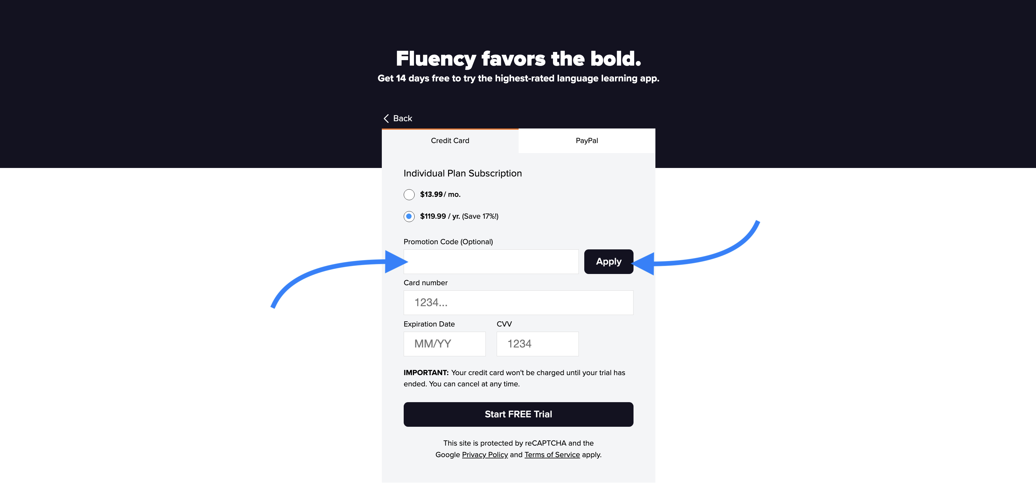 A screenshot showing where to put the promo-code