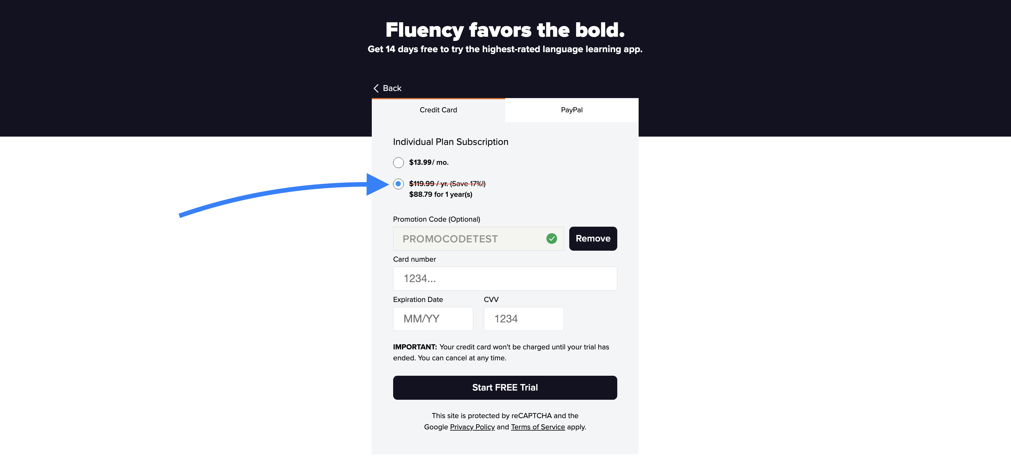 A screenshot showing a correct promo-code applied with the original price crossed out and the promotional price written below it